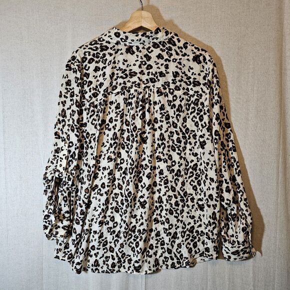 Maurices Leopard Animal Print Cream Brown Black Crepe Button Up Tab Sleeves 1X - Picture 6 of 10